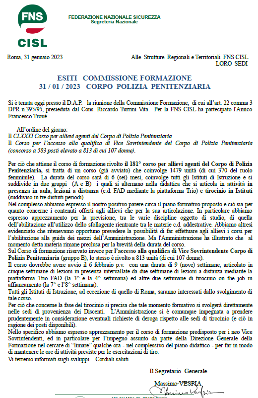 31/01/2023 - ESITI COMMISSIONE FORMAZIONE CORPO POLIZIA PENITENZIARIA