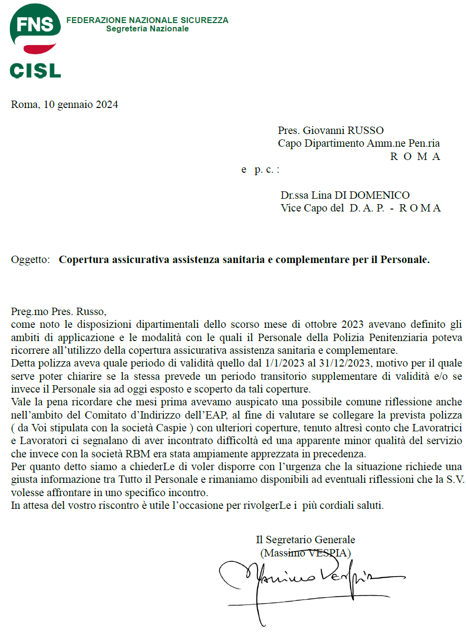 Copertura assicurativa assistenza sanitaria e complementare per il Personale