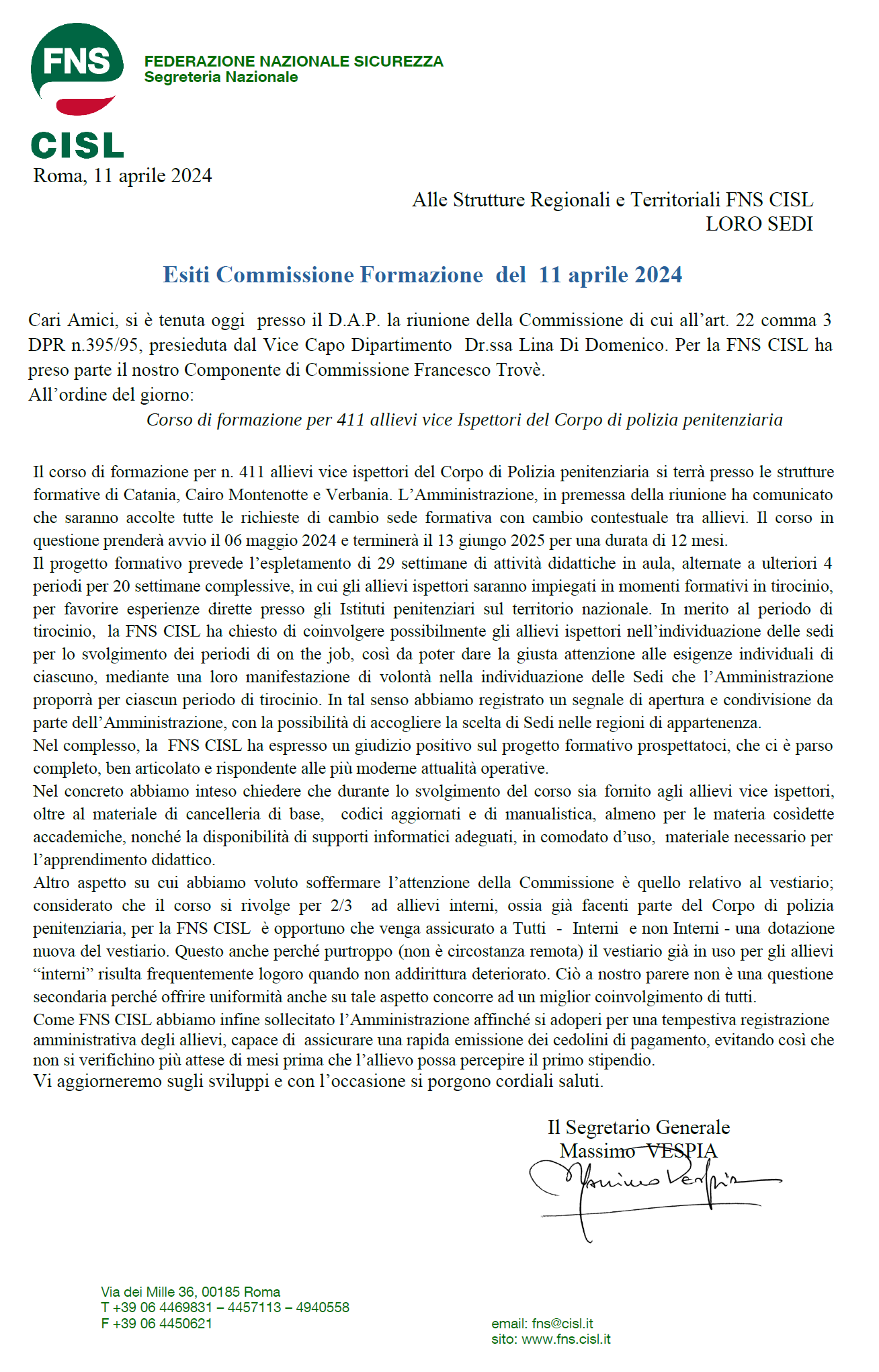 Esiti Commissione Formazione del 11 aprile 2024 #PoliziaPenitenziaria #FnsCisl
