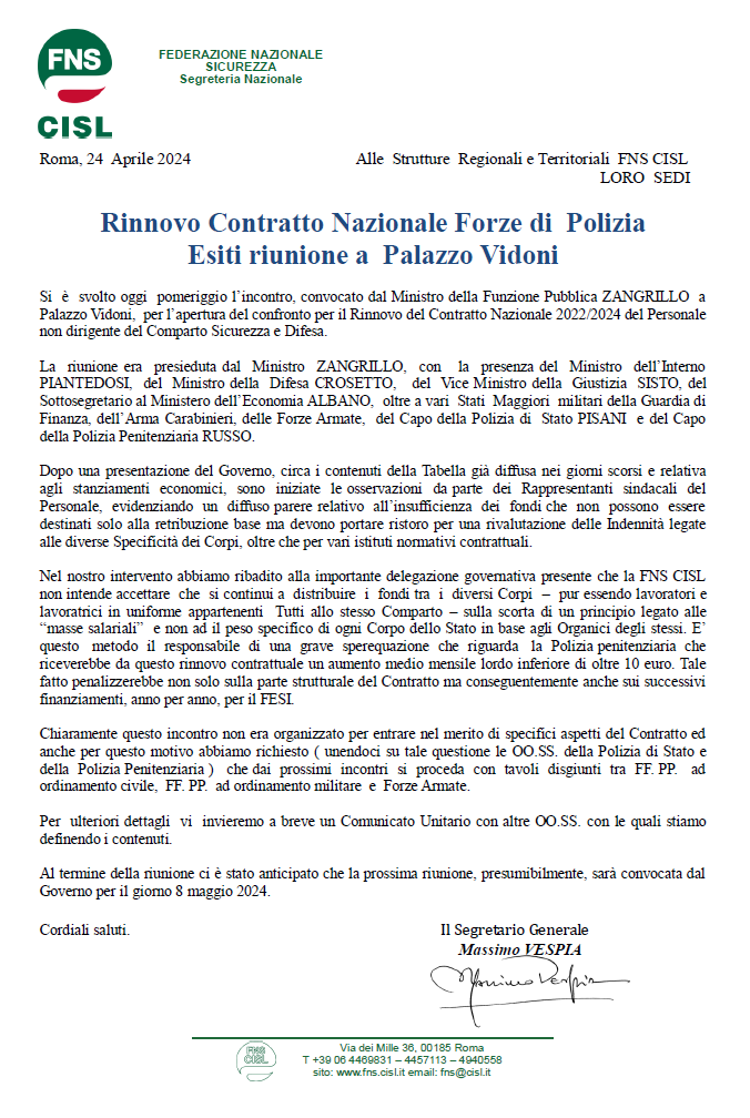 Rinnovo Contratto Nazionale Forze di Polizia Esiti riunione a Palazzo Vidoni