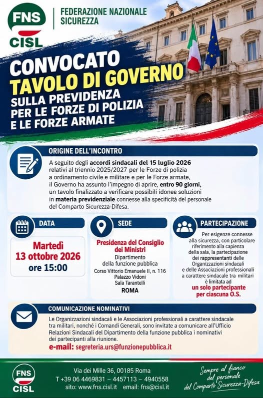 13.10.2026 - Impegno di Governo - Riunione tecnica in materia previdenziale per le Forze di polizia ad ordinamento civile e militare per le Forze armate