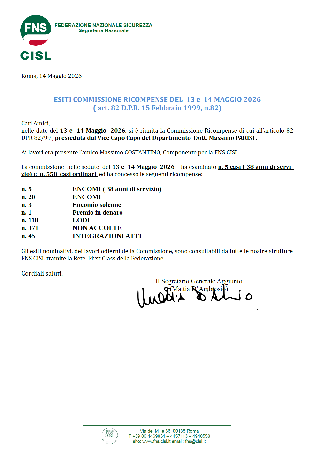 DAP - ESITI COMMISSIONE RICOMPENSE DEL  13 e  14 MAGGIO 2026 