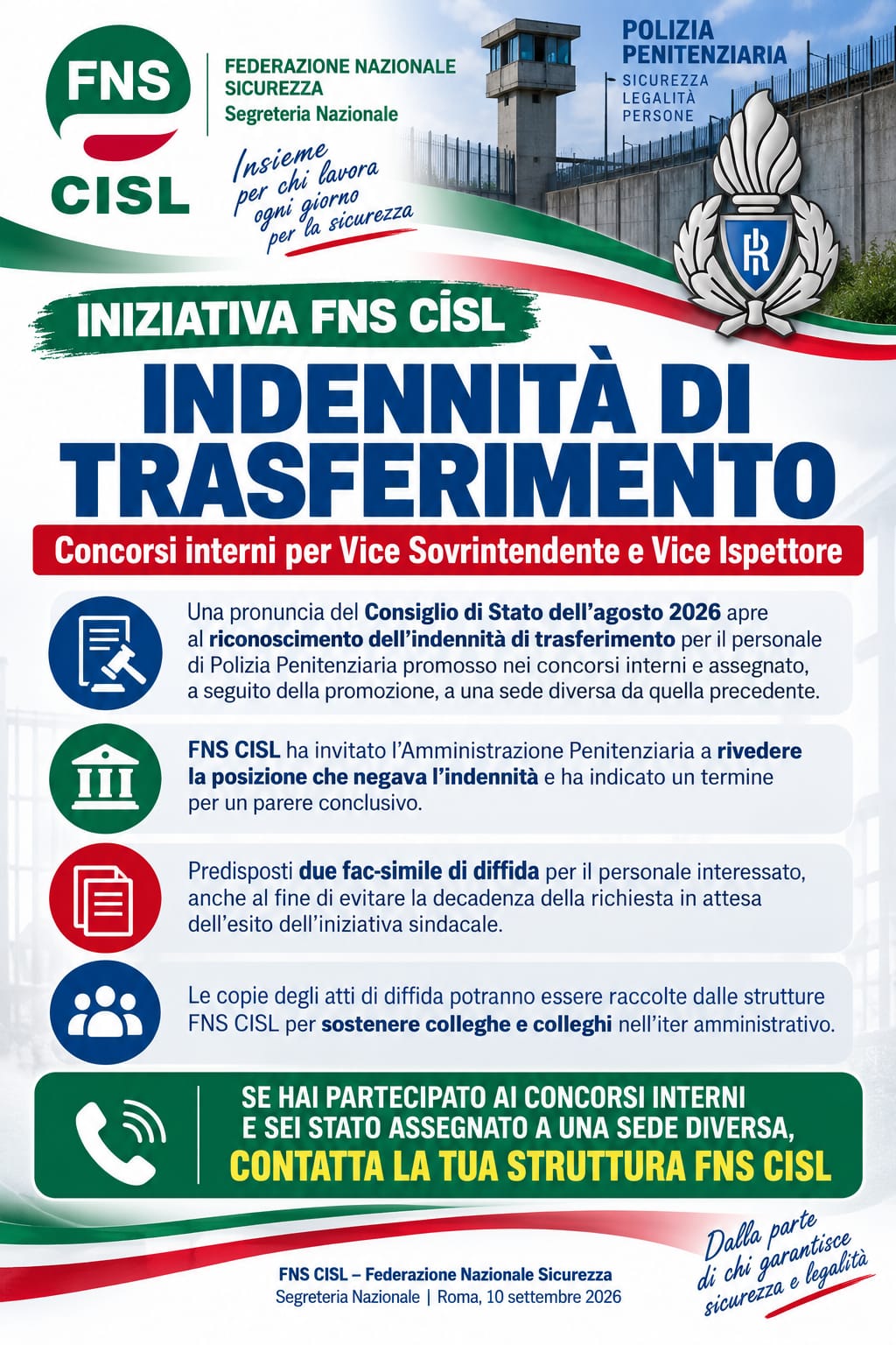 Iniziativa FNS CISL per il riconoscimento Indennità Trasferimento Concorsi Interni per Vice Sovrintendente e per Vice Ispettore