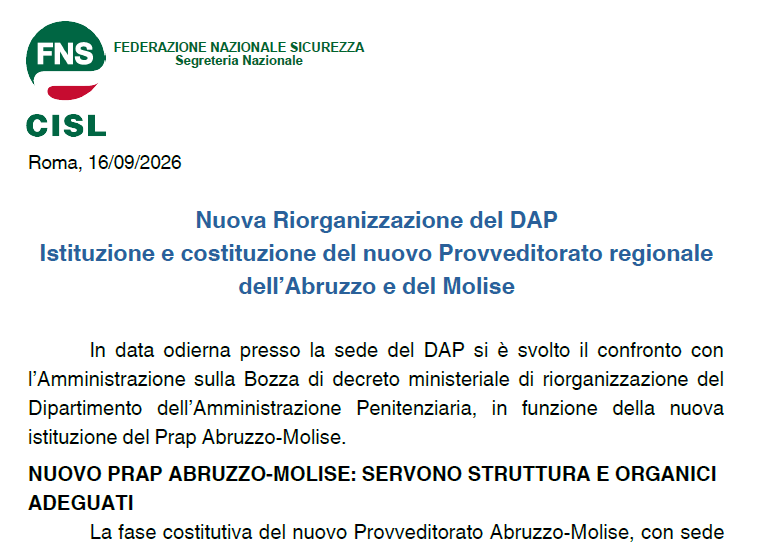 Nuova Riorganizzazione del DAP Istituzione e costituzione del nuovo Provveditorato regionale dell’Abruzzo e del Molise