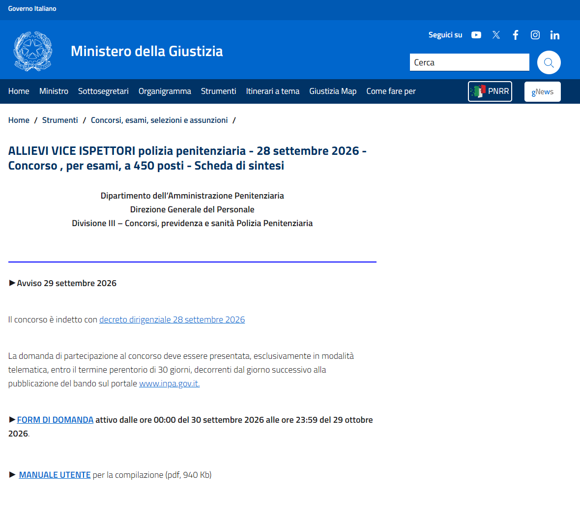 ALLIEVI VICE ISPETTORI polizia penitenziaria - 28 settembre 2026 - Concorso , per esami, a 450 posti