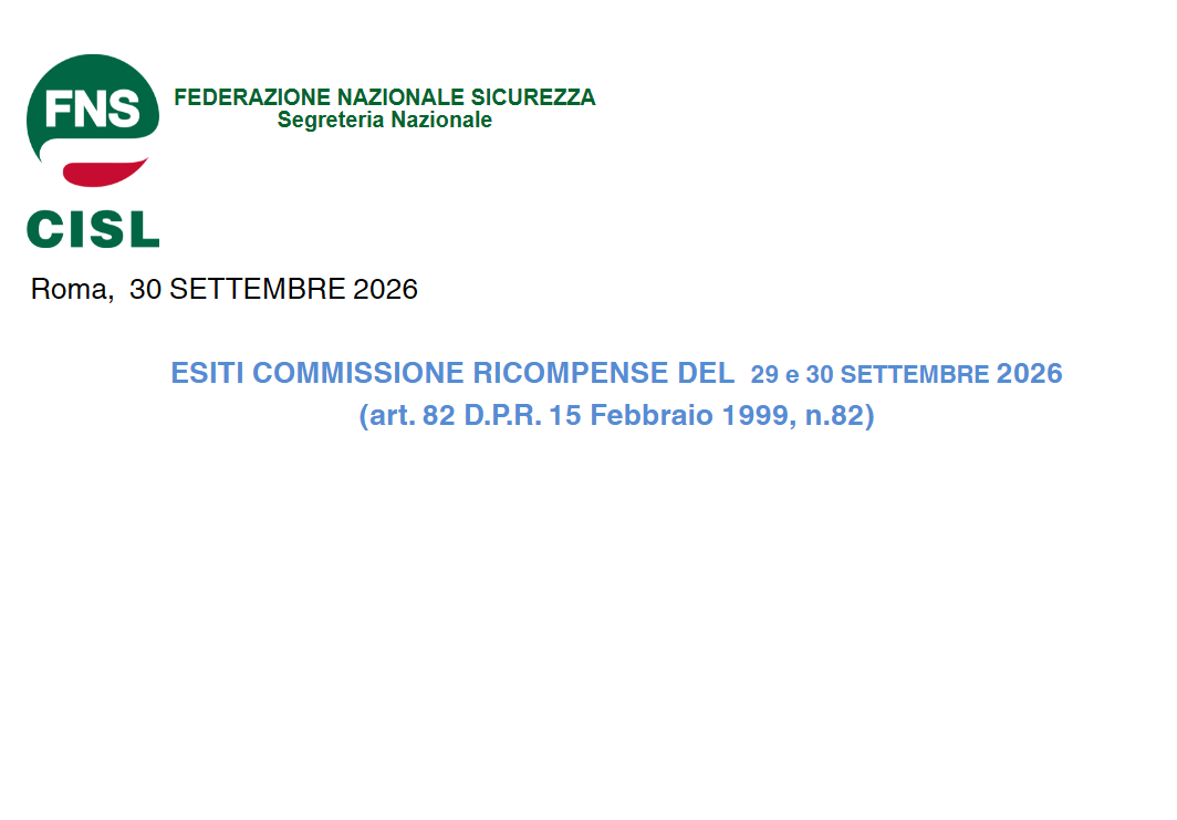 ESITI COMMISSIONE RICOMPENSE DEL  29 e 30 SETTEMBRE 2026 (art. 82 D.P.R. 15 Febbraio 1999, n.82)